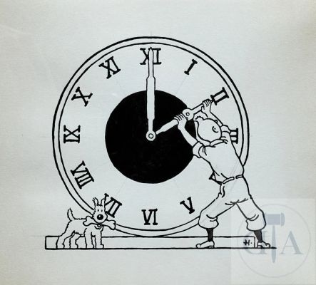 Hergé | Lot 701 : Hergé / Tintin. Dessin original illustrant Tintin changeant l’heure… | Dagoty