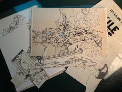 Kuifje - Celluloids + dessins + décors + Textes - Pour réalisation de l album Pop-hop - LÂ´île noire - (1970) | Catawiki