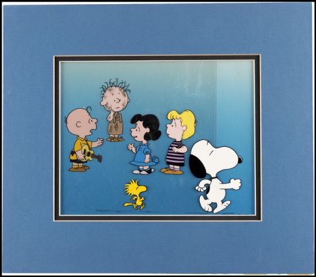 PEANUTS - PLAY IT AGAIN, CHARLIE BROWN ANIMATION ORIGINAL ART FIVE CEL PRODUCTION SETUP. | Hake’s