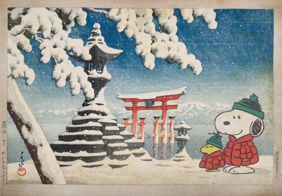 Snoopy at Snowy Torii Gate スヌーピー雪の鳥居で | Corner4art