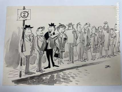 (OF) Dibujo Original de Antonio Mingote - Salir de Madrid, Publicado en la Revista Semana 1957