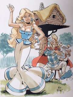 Meynet, Félix - Dessin original couleur - Hommage Ã  Uderzo et Astérix - Falbala et le barde Assurancetourix | Catawiki