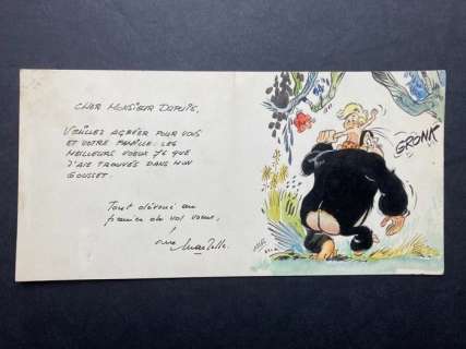 Mazel (Luc Maezelle) | Boulouloum et Guiliguili - Dessin original - Unique carte de voeux 1976 + dédicace manuscrite Ã  monsieur Dupuis - Page volante - (1975) | Catawiki