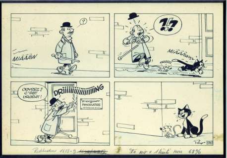 Peyo | Poussy Encre de Chine et crayon bleu pour le gag 175 en 1 demi-planche | Millon