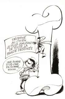 André Franquin | Gaston Lagaffe, dessin original à l’encre de chine faisant la promotion des albums de Boule et Bill, publié dans le catalogue Dupuis de 1969. | Septimus