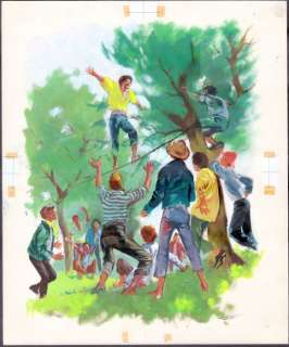 Follet, René - La Vie Extraordinaire de Saint Jean Bosco | Follet, René - La Vie extraordinaire de Saint Jean Bosco - Illustration originale - Jean tendit une corde raide entre deux poiriers. - (1961) | Catawiki