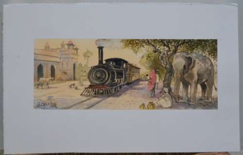 Charles, J.F. | Charles, J.F. - Aquarelle originale - Une Petite gare au Rajasthan | Catawiki