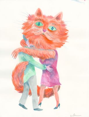 Lisa Hanawalt | Cat Dance - Technique mixte sur papier | Huberty Breyne Gallery