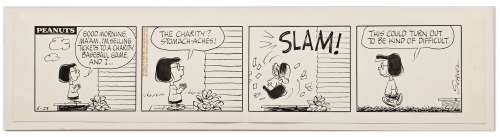Original ’’Peanuts’’ Comic Strip Hand-Drawn by Charles Schulz -- Marcie Tries to Sell Tickets to a Charity Baseball Game | Nate Sanders