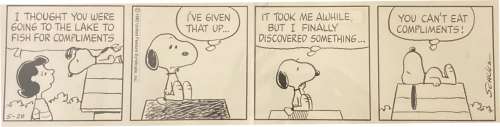Original Charles Schulz Hand-Drawn ’’Peanuts’’ Comic Strip -- Snoopy Gives Up ’’Fishing’’ for Compliments | Nate Sanders