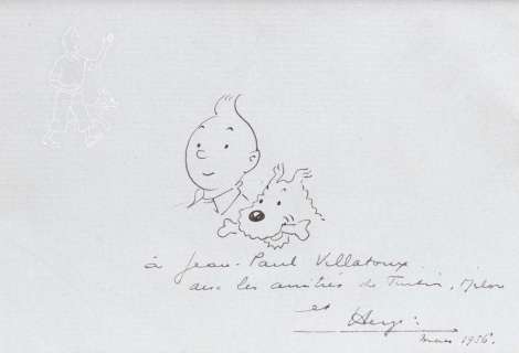 Hergé - Dédicace : Très jolie dédicace représentant Tintin et Milou a | Millon