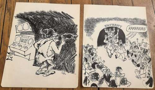 Cabu | Cabu - 2x Dessin original - PC atomique de Taverny - (années 1970) | Catawiki