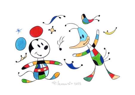 Pasquale Venanzio | Artist’s Take on Joan Mirò - Mickey & Donald Surrealist Style + Puzzle - Signed Original Colour Drawing by Pasquale Venanzio | Catawiki