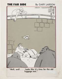 Gary Larson The Far Side Daily Comic Strip Original Art dated 1-4-83 (Chronicle Features 1983). Attention, - | Heritage