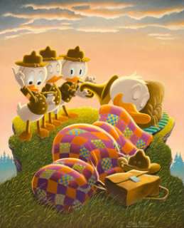 Carl Barks Rude Awakening Painting Original Art (1974). Donald’s early morning camp slumber is soon to interrupted - | Heritage