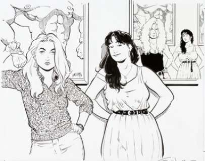 Terry Moore Strangers In Paradise 1999 Calendar September Illustration Katchoo and Francine Original Art -