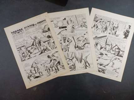 Burroughs, Lino Jeva | Tarzan - Burroughs, Lino Jeva - 3x Tavole Originali "Kadoum lo Stregone" - Page volante - Exemplaire unique - (1970) | Catawiki