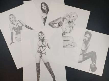 Misioteu | Misioteu - 5x Illustrazioni Originali "Leather and Pleasure" - Firmate - Page volante - Exemplaire unique - (2015/2016) | Catawiki