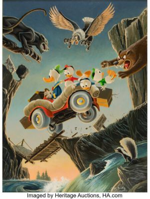 Carl Barks Vacation Panel Donald Duck, Huey, Dewey, and Louie Painting CB-OIL 37 Original Art (1972). | Heritage