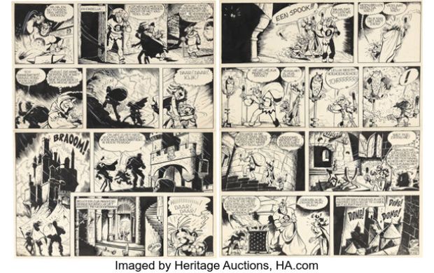 Albert Uderzo De Ruige Ridder, De Verwenste Baron - Belloy, Le Baron Maudit Story Pages B.147-B.148 Original Art Group of 2 (Het Belang van Limburg, 1954). (Total: 2 Original Art) | Heritage