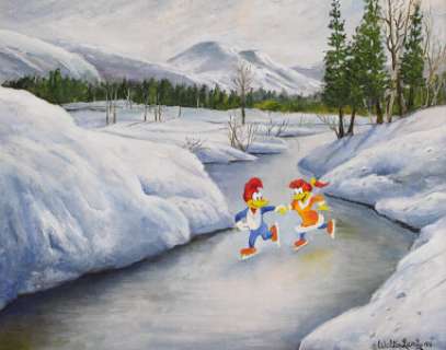 Walter Lantz - "Winnie and Woody Woodpecker Ice Skating" Painting Original Art (1987).  Woody and - | Heritage