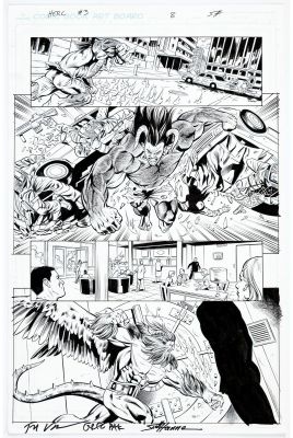 Scott Hanna | Tavola originale per Herc #3 pg. 8. Cm. 28 x 43. Inchiostro di Scott Hanna su DIGITAL BLUE LINES di Edwards. MARVEL 2011. Firmato da Scott Hanna e dagli autori Greg Pak and Fred Van Lente. Note: While this is the final published artwork, only the&hellip; | Art e Fumetto