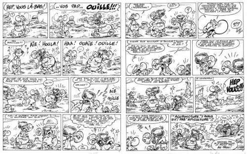 Gag complet - Apiponcture - en 2 planches originales 5 et 6 issues du tome 11 de la série Nabuchodinosaure - Bienvenue dans l‘ère aglaglacière - par Roger WIDENLOCHER