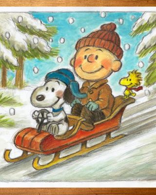 Joan Vizcarra Œuvre originale - Charlie Brown, Snoopy & Woodstock Sliding in the Snow – Hand Signed Original Painting | Catawiki