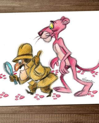 Joan Vizcarra Crayon de couleur - Inspector Clouseau & Pink Panther “On the Trail” – Hand Signed Original Artwork | Catawiki