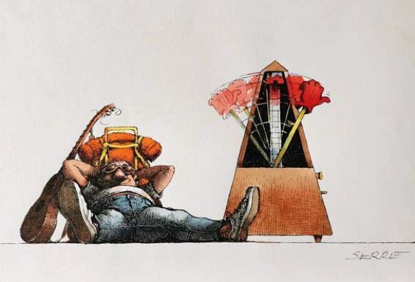 Serre, Claude - 1 Original drawing - Humour Noir - « Les Vacances / autostoppeur musicien » - 1984 | Catawiki