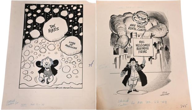 Lot 73 - 10 Dick Hodgins (American 20th Century), Original Editorial Cartoons Ten original pen and ink editorial cartoons on… | misc / divers