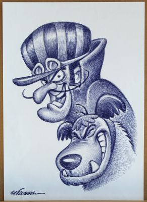 Joan Vizcarra | Illustrazione originale ‘Waicky Races-Dick Dastardly e Muttley’. Anno 2021. Cm. 30×42. Inchiostro blu su cartoncino. | Art e Fumetto