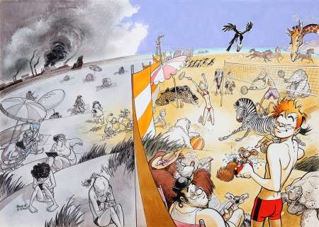Frank Pé - Lot 526 - Spirou, grande illustration à l‘encre de Chine,…
