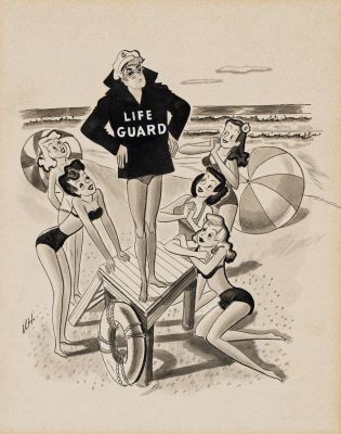 Lot 186 - Vic Herman, (1919-1999), 2 cartoons: Life guard & Book sale. Circa 1945.