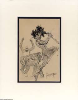 Frank Frazetta - Ape Dance Sketch Original Art (undated). A savage figure, with his knife drawn, dances with two - | Heritage