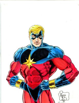 Pat Broderick | Pat Broderick & Bob Sharen - Captain Marvel Watercolor - Signed | Anthony’s Comic Book Art