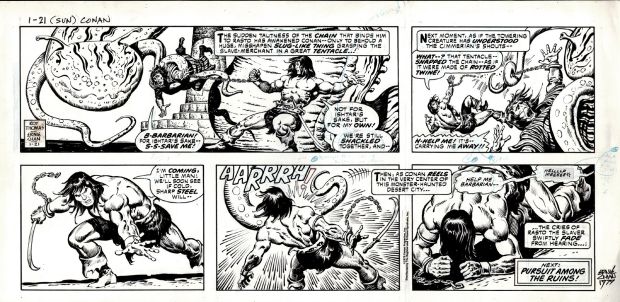 Ernie Chan | Conan the Barbarian Sunday Strip (Conan in Every Panel Battling a Giant Tentacled Creature!) 1-21-1979 | Romitaman