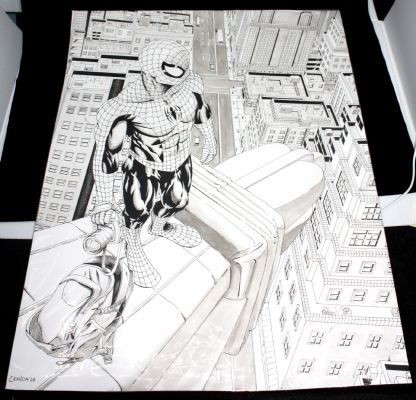 Eranga Devasurendra | Oversized Spider-Man Overlooking New York with Backpack & Camera Ink & Wash Art - Signed - 2024 | Anthony’s Comic Book Art