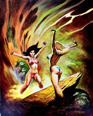 Don Marquez | 2 Teeni Bikini Clad Witches Casting Spells Large Acrylic Painting (2010) | Romitaman
