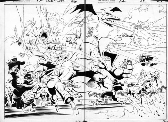 Mike Zeck - Zeck, Mike - Secret Wars #12 Double Page Splash Pgs 26 & 27. Avengers & X-Men & Black Spider-Man