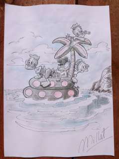 Donald Duck - Original Drawing - Millet  - Donald Duck & Nephews enjoying a relaxing summer! - EO | Catawiki