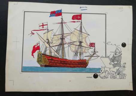 Tintin - Chromo essai de coloriage- L’histoire de la Marine - (1954) | Catawiki