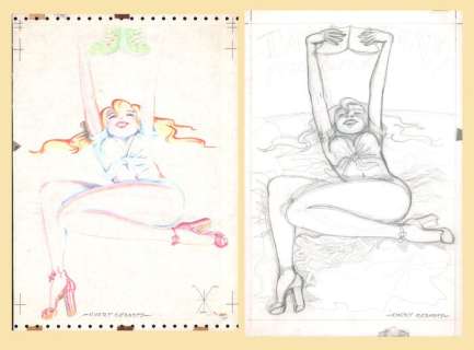 Geradts, Evert - 2 Originele voorstudies in kleur en potlood van een Pin-up voor de backcover - Tante Leny - (1973) | Catawiki