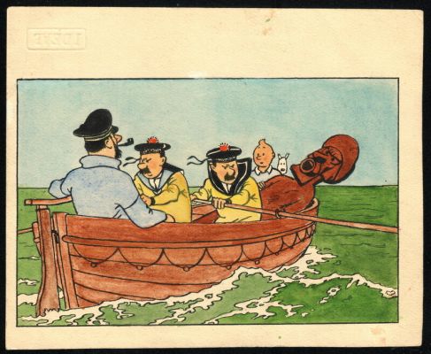 Paul Cuvelier, Hergé (Scénariste) - Illustration Tintin avec les deux Dupont dans un barque