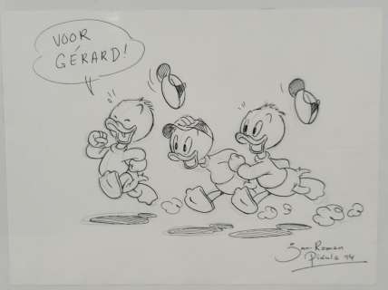 Jan-Roman Pikula (1983), Riri Fifi Et Loulou, Dessin Encre Et Mine de Plomb Sur Papier, Signé Et Daté 2014 En Bas À Droite, Dédicacé Dans La Bulle En Haut À Gauche, Dim. 24 X 32 Cm. |  | misc / divers