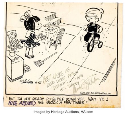 Hank Ketcham Dennis the Menace Partial Daily Single Panel Comic Strip Original Art dated 6-12-52 (Post Hall Syndicate, 1952). | Heritage