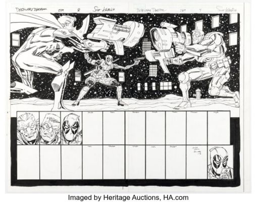Scott Koblish Despicable Deadpool #289 Cable vs. Stryfe Double Page Spread 8-9 Original Art (Marvel, 2017).