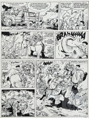 Wasterlain / Jeannette Pointu. Planche Originale N°7 de L’album T9 "Les Femmes Girafes" Qui Illustre La Scène Ou Le Tigre Attaque L’éléphant. Belle Qualité D’exécution. Rare. Encre de Chine Signée Et Datée 1993. Tbe. 38 X 50 Cm | Lot 576 : Wasterlain / Jeannette Pointu. Planche originale n°7 de l’album T9… | Dagoty