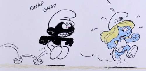 Les Schtroumpfs - Dessin original - La Schtroumpfette et un Schtroumpf noir (2011) | Catawiki
