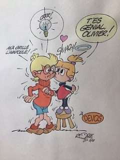 Roque, Carlos - Dessin original couleur - Génial Olivier - Hommage Ã  Devos - (2005)